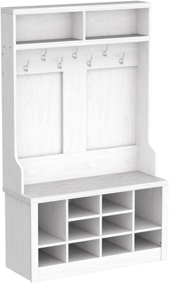 Itaar Hall Tree with Storage Bench, 3-in-1 Entryway Bench with Coat Rack, Adjustable Shoe Storage and Hanging Hooks, Embossed White