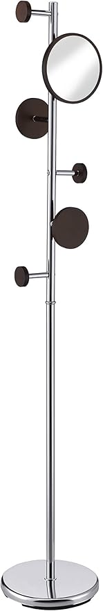 Proman Products Milano Silver Metal Freestanding Coat Rack, Coat Tree with 6 Walnut Color Hooks Included a 7" Mirror for Living Room, Bedroom, Entryway, Office, mudroom