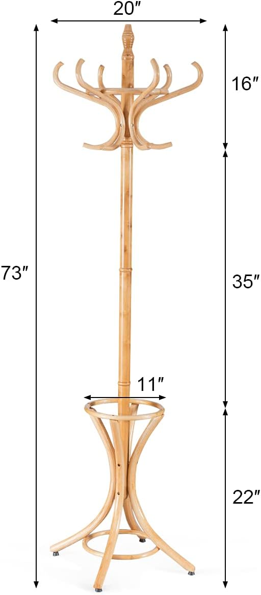 GOFLAME 73" Coat Rack Freestanding, Wooden Coat Tree with 12 Hooks and Umbrella Stand, Entryway Hall Tree, Hat Hanger Organizer, Coat Rack Stand for Coats, Hats, Scarves, Bags, Easy Assembly, Oak
