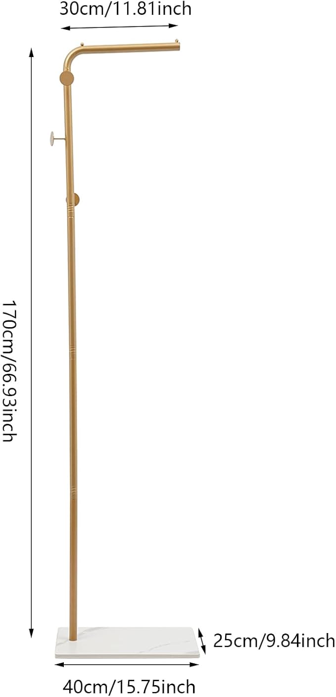 67in-Gold Clothing Rack with Storage Base and Hooks, Freestanding Coat Rack Hanging Clothes, Bags, Hat and Shoes for Entryway Bedroom Garment Organizer Clothing Stores Boutique Retail