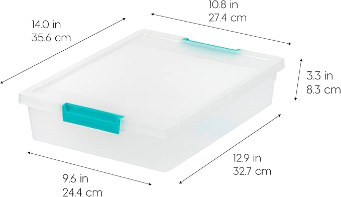 IRIS USA 6 Qt. Craft Storage Bins with Lids, 4-Pack, |Made in USA|, Clip Box, Small Plastic Sensory Bin Tote Organizer Containers for Art Supplies, Paper, & Office, Stackable - Clear/Seafoam Blue