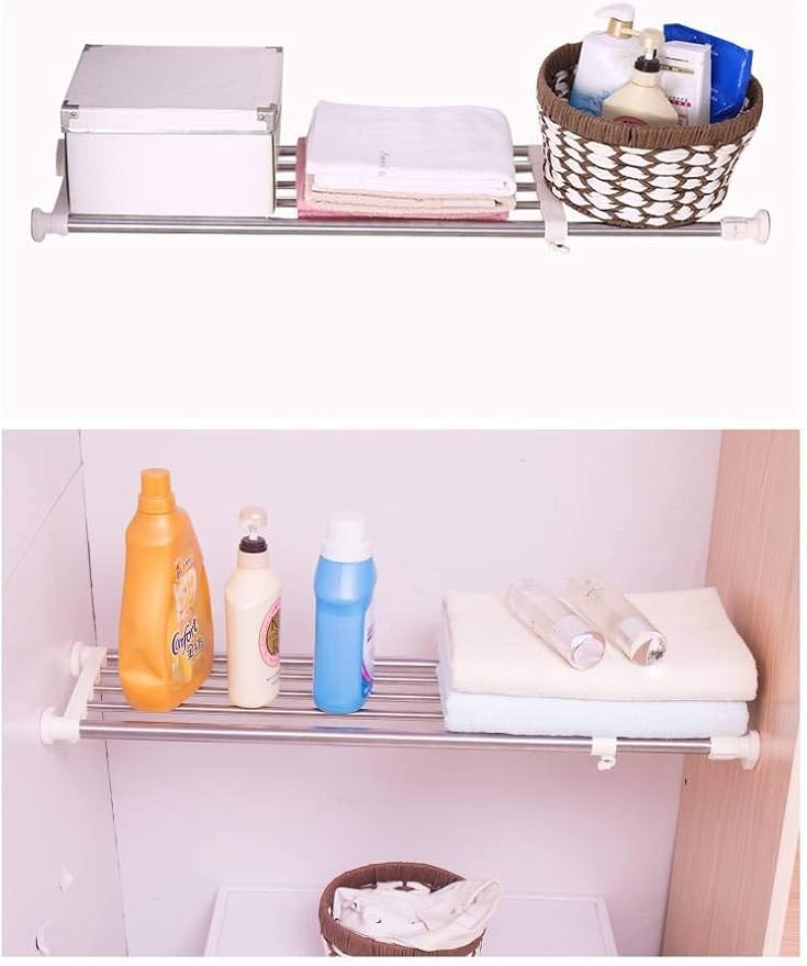 BAOYOUNI Expandable Closet Tension Shelf Rod Organizer Adjustable Storage Rack Heavy Duty Clothes Hanger Metal Space Saving Divider for Bathroom Kitchen Cupboard Wardrobe Bookshelf 32''-46'', Ivory