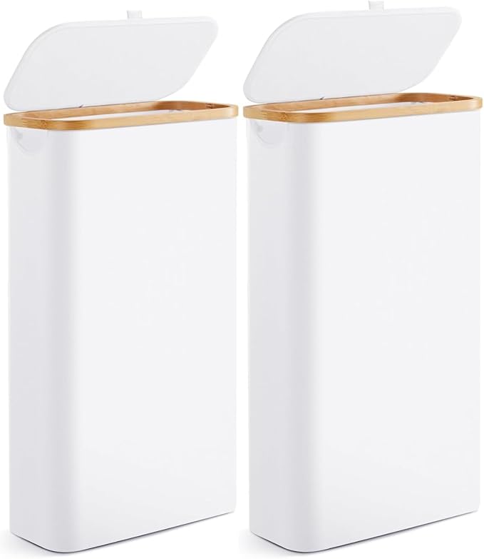 Slim Laundry Hamper with Lid by Fiona's magic, 63L Narrow Laundry Basket with Removable Bag, White Collapsible Dirty Clothes Basket, Thin Tall Storage Basket for Bathroom, Bedroom (White, 2Pack)