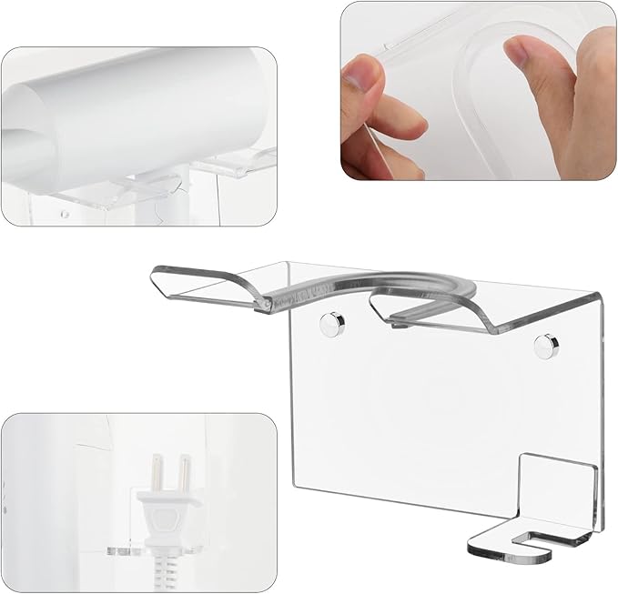 Cosmos Wall Mount Shelves Hair Dryer Holder Acrylic Blow Dryer Storage Rack Multi Functional Bathroom Storage Organizer with Screw Set for Hotel Room Salon Barbershop (Transparent Clear)