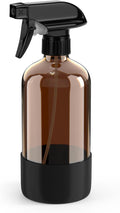 Amber Glass Spray Bottle with Silicone Sleeve Protection, 16 oz Refillable Spray Bottle for Cleaning Solutions, Plants, Aromatherapy, Facial Hydration (Black Sleeve(Amber Bottle)