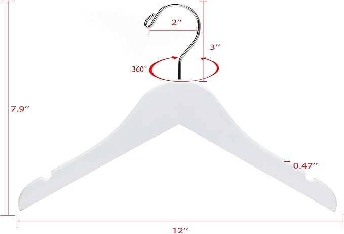 Quality 12 Inch White Kids Wooden Hangers - Children Hangers with Multifunctional Notches & 360 Degree Swivel Chrome Hook - Kid Coat Hangers for Clothes Size 8 and Smaller (White, 20)