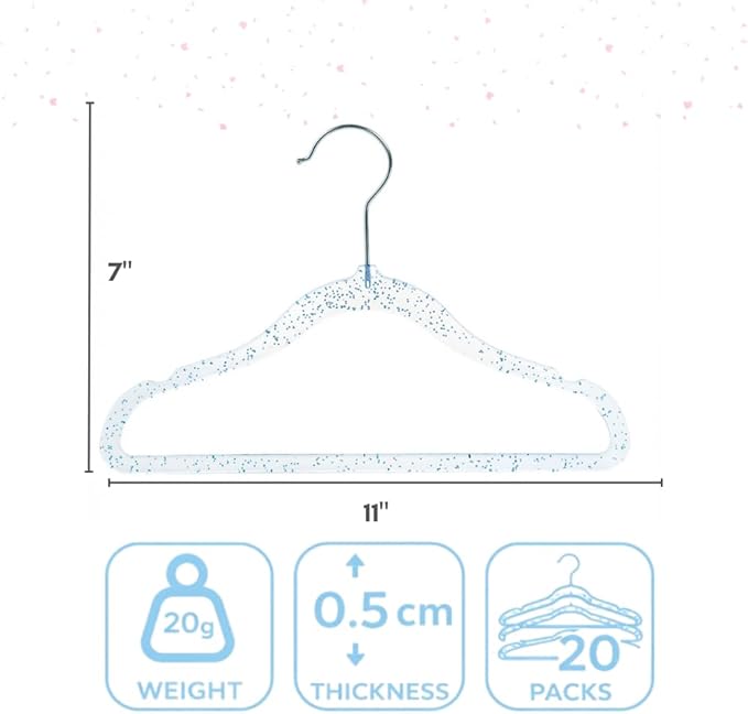 CONCEPTS 20 Pack Baby Hangers Kids Acrylic Non Slip Glitter Clothes Hangers for Toddler Infant Newborn Closet Organizer Small Hangers for Baby Clothes Pants Shirts Space Saving Nursery