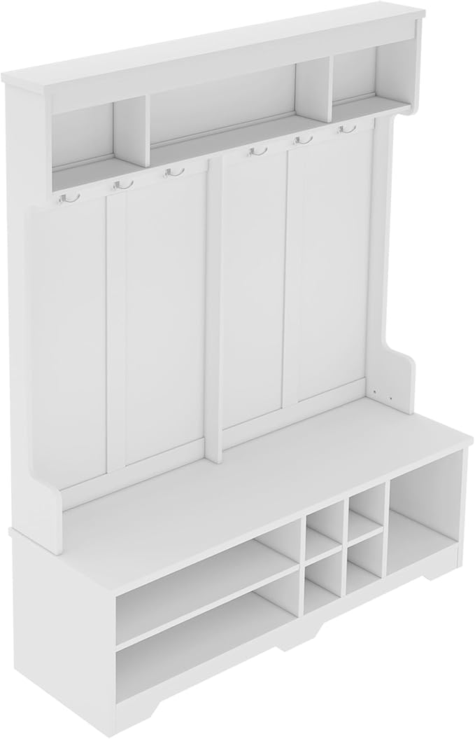 60 inch Hall Tree with Bench and Shoe Storage, Shelf, Wood Hall Tree with 6 Hooks/Mudroom Bench with Storage and Hooks, Hall Trees for Entryway, Hallway, Living Room
