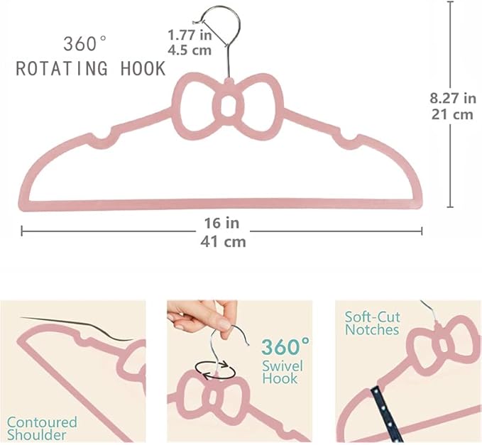 Velvet Hangers 20 Pack, 16" Non Slip Adult Hangers, 360 Degree Swivel-Hook, Ultra Slim Clothes Felt Hanger Space Saving, Durable & Cute for Coats, Jacket, Shirts, Dress (Velvet, Bow)