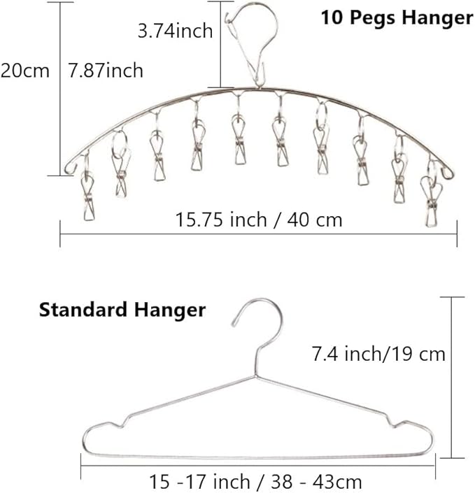 Clothes Hanger with 10 Clips, Stainless Steel, Windproof, for Drying Socks, Bras, Underwears, Baby Clothes, Hats, Scarfs, Towels, Pants and Gloves (6 Pack)