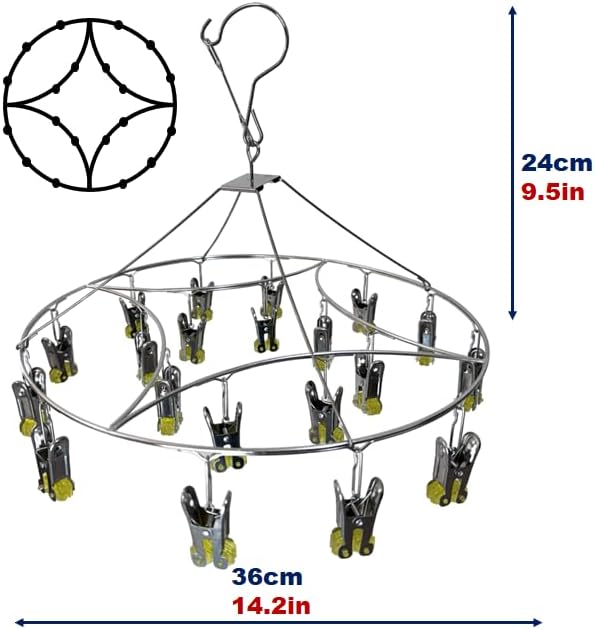 Quick Release Round Stainless Steel Laundry Drying Rack with 20 Clips,Swivel Hook Wind-Proof Clothes Hanger Rack for Sock, Bras, Underwear, Laundry Accessories