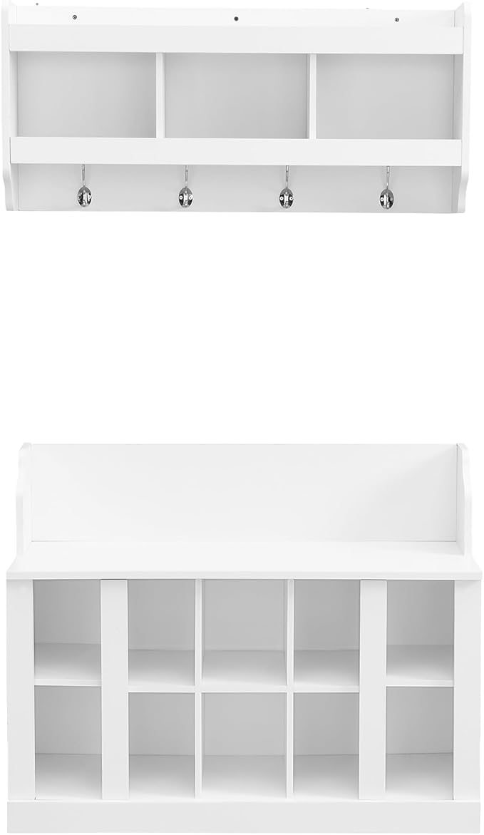 Multi-Functional Hall Tree with Wall Mounted Coat Rack, Shoe Storage Bench with Shelves and 4 Hooks, Entryway Organizer for Hallway, Foyer, Mudroom, Living Room (White-52s)