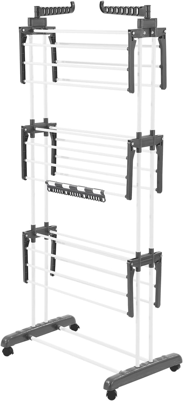 VEVOR Clothes Drying Rack, 4-Tier Foldable Laundry Dryer Rack, Metal Drying Racks with 24 Drying Rods, Free-Standing and Portable Hanger with 4 Castors and Two Side Wings for Outdoor & Indoor Use