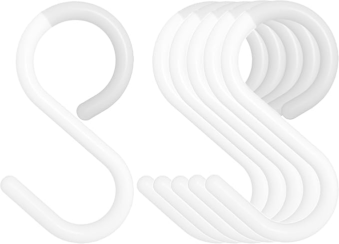 6-Pack Secure & Quiet Plastic S Hooks, Flexible Neck for Easy Twist & Lock, Completely Rust-Free, Holds up to 5 lbs, White, Small (2.4 inch)