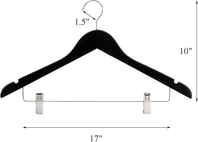 Tosnail 12-Pack Wooden Pants Clothes Hangers, Wooden Suit Hangers with Steel Clips and Hooks, Natural Solid Wood Collection Skirt Hangers, Standard Clothes Hangers - Black