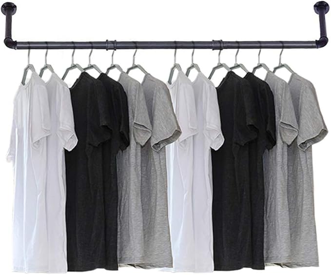 Industrial Pipe Clothing Rack, 30'' Wall Mounted Clothes Garment Rack , Black Iron Pipe Clothes Hanging Bar, Heavy Duty Metal Hanging Rod for Retail Display Closet Storage and Laundry Organizing