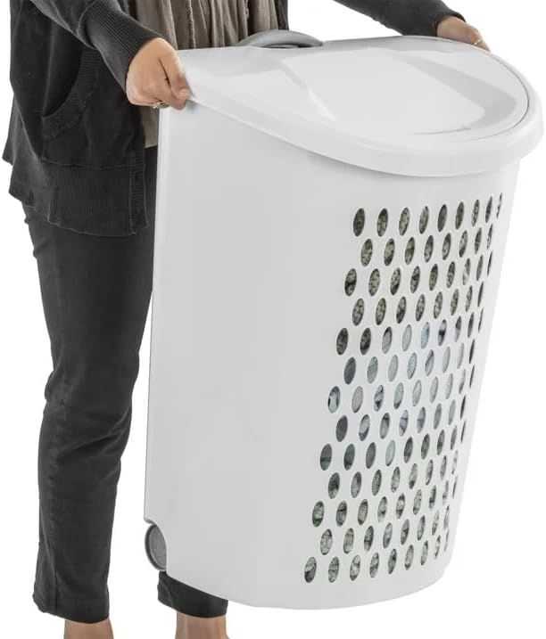 Wheeled Laundry Hamper with Handle for Easy Transport, White Plastic Clothes Hamper Basket with Lid