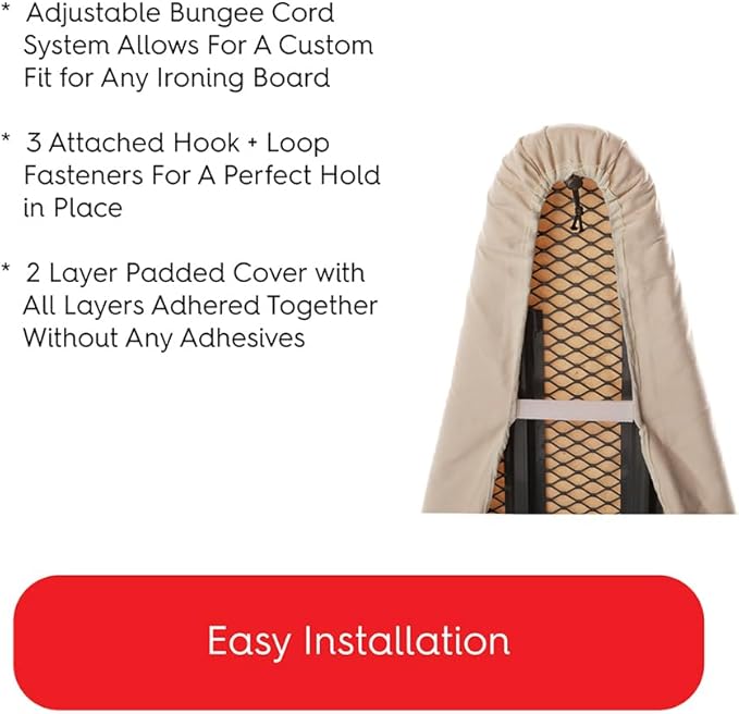 TIVIT Ironing Board Cover 15 x 48 Standard Chemical Free Eco-Friendly Padded Covers - Unbleached, Untreated Natural Cotton & Wool Pad - 2 Layer, 3 Fastener Straps, Pull Bungee Cord - Made in Italy