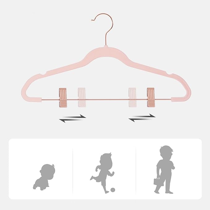 SONGMICS 24 Pack Pants Hangers, 16.7 Inch Coat Hangers with Rose Gold Colored Movable Clips, Heavy-Duty, Non-Slip, Space-Saving, for Pants, Skirts, Dresses, Light Pink UCRF14PK24