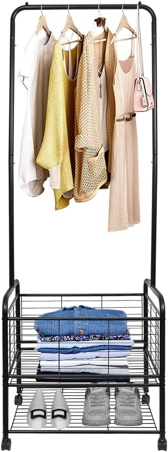 Black Metal Rolling Laundry Hamper Butler Cart Basket with Hanging Garment Rack, Storage Organizer with Mobile Wheels