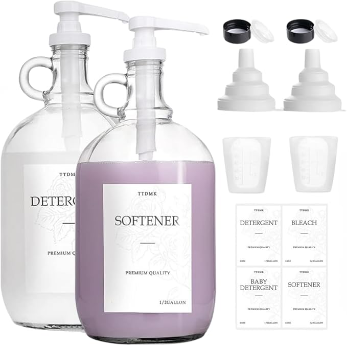 2 Pcs Glass Liquid Laundry Detergent Dispenser - One Gallon Fabric Softener Liquid Dispenser for Laundry Room (128 oz Each), Laundry Soap Dispenser - Includes Labels, Funnel, and Measuring Cups
