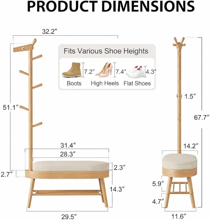 AQIMUELE Shoe Bench Entryway,Coat Rack with Shoe Storage, Coat Rack and Shoe Rack, Wooden Narrow Shoe Bench（Natural）