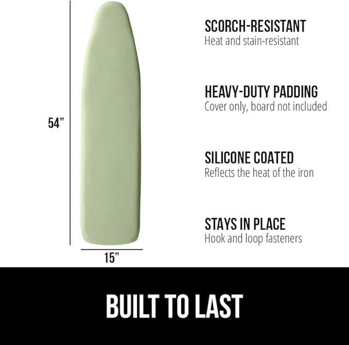GORILLA GRIP The Original Ironing Board Cover and Pad, Silicone Coating, Thick Scorch Resistant Padding, Heavy Duty Iron Covers Standard Boards, Hook and Loop Fastener Strap, Sage, 15x54