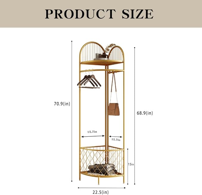 corner coat rack,corner hall tree,metal clothes rack,gold clothing rack with storage basket and hooks for bedroom,living room,entryway.corner storage rack for clothes.