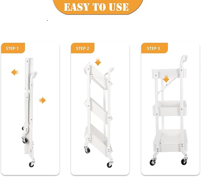 Foldable Storage Cart 3 Tier Rolling Cart with Wheels No Assemble Required Metal Utility Kitchen Cart Heavy Duty Folding Storage and Organizer for Classroom, Bedroom(White)