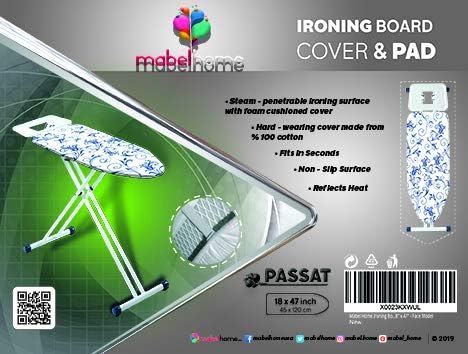 Mabel Home Ironing Board Padded Cover, 100% Cotton (6 Different Size & Pattern) (18" x 47" / Solidsteam)