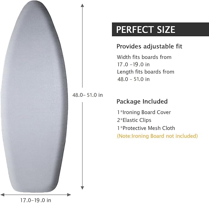 SheeChung Ironing Board Cover and Pad 19x51,Thick Cotton Cover,Scorch and Stain Resistant Iron Board Cover with Padding,Extra Large Iron Covers with Adjustable Fasteners and Velcro,Silver Grey