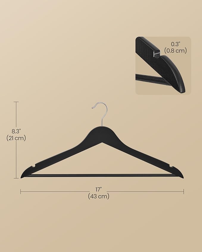 SONGMICS Wooden Hangers, Pack of 20, Coat Hangers, Pants Bar, 360° Swivel Hooks, Solid Birch Wood, 0.3-Inch Thick, Space Saving, for Jackets, Shirts, Coats, Ink Black UCRW040B01