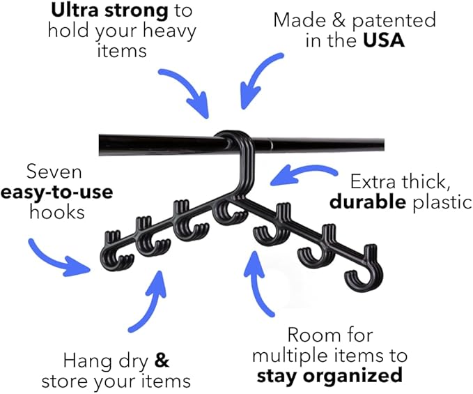Made in USA Multi-Use Hanger for Bras, Lingerie, Hats & Scarves 5-Pack | Patented Closet Organizer | 7-Hook Space Saver for Underwear, Ties, Belts | No Clips, Lightweight Design