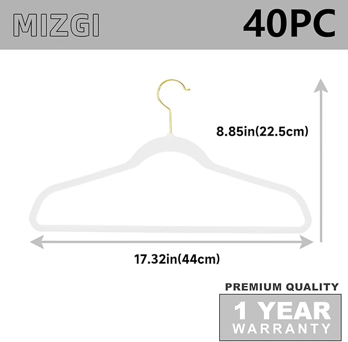 MIZGI White Velvet Hangers 40 Pack,Premium Gold Clothes Hangers Non-Slip Felt,Sturdy White Hangers Heavy Duty Coat Hanger,Durable Suit for Space Saving, No Hanger Marks