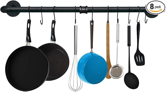TLBTEK Industrial Pipe Clothes Rack,Black Iron Bathroom Kitchen Towel Bar,Vintage Farmhouse DIY Wall Mounted Pot Bar Rack, Detachable Kitchen Utensils Hanger (31.5 Inch)