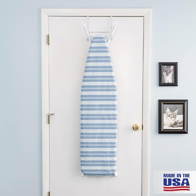 Full Size Ironing Board Made in USA – Blue Stripe by Seymour Home Products 4 Heavy-Duty Steel Legs Perforated Top for Steam Includes Cover & Pad Sturdy, Foldable Iron Board for Home & Laundry