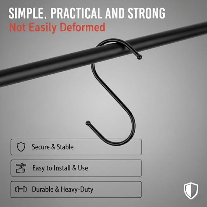 30 Pack Black S Hooks for Hanging Plants, Metal Hooks for Hanging, S Hooks for Hanging Heavy Duty, Durable S Shaped Kitchen Hooks for Kitchenware, Pots, Utensils, Clothes & Bags