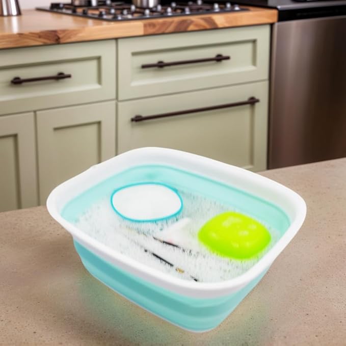 SAMMART 9.45L (2.5 Gallon) Collapsible Tub - Foldable Dish Tub - Portable Washing Basin - Space Saving Plastic Washtub (White/Lake Green, M)