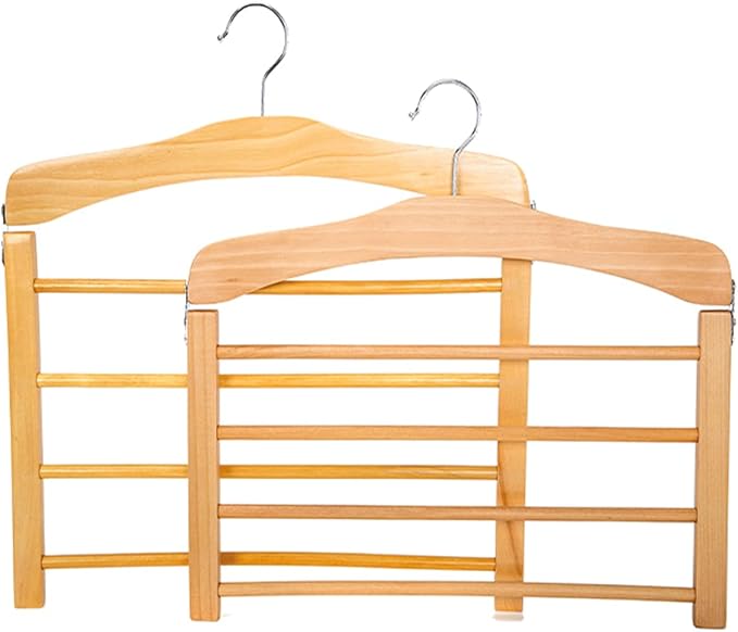 Wooden Pant Hanger Space Saving - 4 Tier Closet Storage Hanger Organizer for Jeans Legging Scarves Pants Towels, 2 Packs, Wood