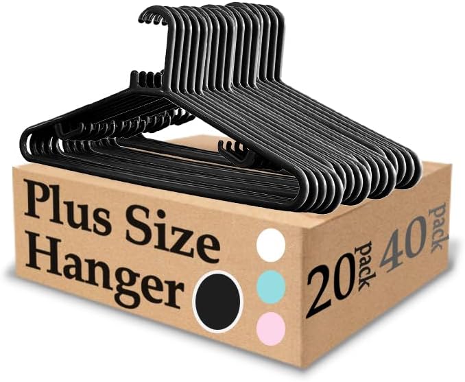 Urby Extra Wide Hangers for Plus Size Clothes, 19 Inch Plus Size Hangers, Durable Space-Saving Plastic Hanger for Oversized or XL, XXL Shirts, Coats, Etc. Black 20PK