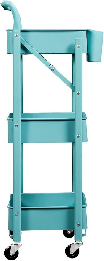 Foldable Utility Rolling Cart with Wheels No Assembly 3 Tier Metal Rolling Cart with Cup and Hooks Heavy Duty Mesh Storage Baskets Rack Folding Shelves for Kitchen,Office,Classroom, Bathroom(Teal)