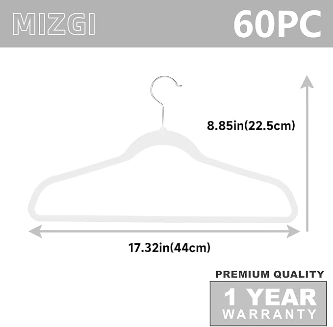 MIZGI White Velvet Hangers 60 Pack,Premium Chrome Clothes Hangers Non-Slip Felt Hangers,Sturdy White Heavy Duty Coat,Durable Suit Hanger for Space Saving, No Flocked Hanger Marks