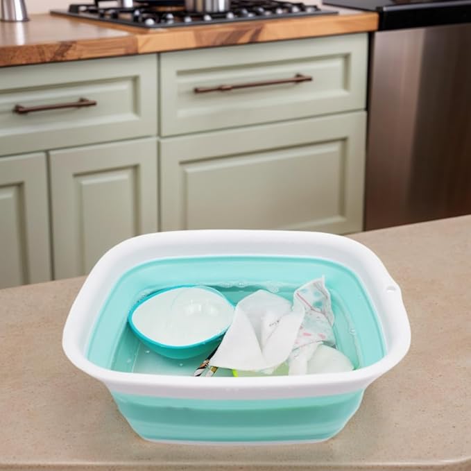 SAMMART 7.7L (2 Gallon) Collapsible Tub - Foldable Dish Tub - Portable Washing Basin - Space Saving Plastic Washtub (White/Lake Green, S)