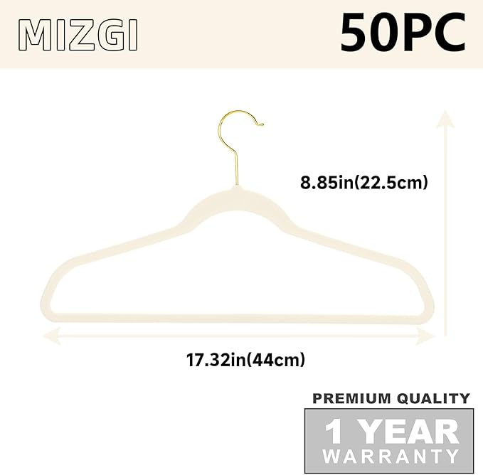 MIZGI Ivory Velvet Hangers 50 Pack,Premium Gold Clothes Hangers Non-Slip Felt Hangers,Sturdy Ivory Heavy Duty Coat,Durable Suit for Space Saving, No Flocked Hanger Marks
