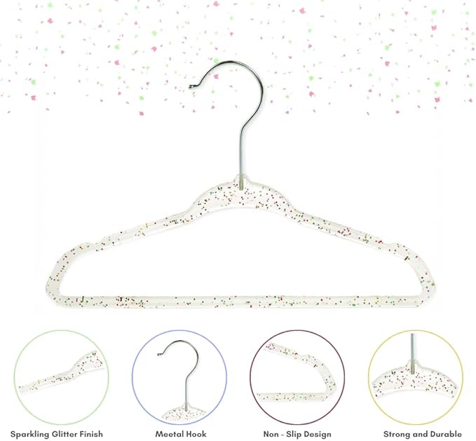CONCEPTS 20 Pack Baby Hangers Kids Acrylic Non Slip Glitter Clothes Hangers for Toddler Infant Newborn Closet Organizer Small Hangers for Baby Clothes Pants Shirts Space Saving Nursery