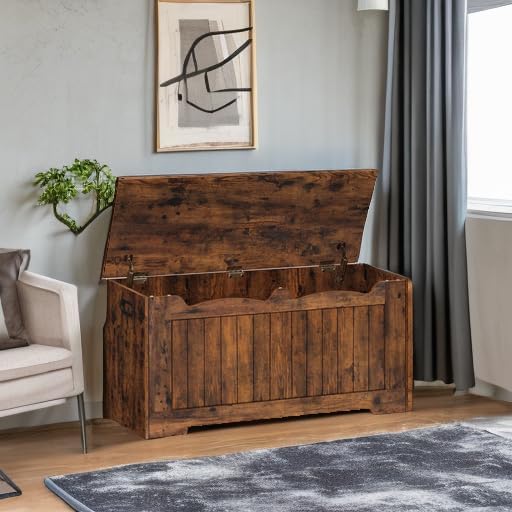 39.4" Storage Chest, Storage Bench Trunk with 2 Hinge, Wooden Box, Lift-Top Chest Organizer, Shoe Bench for Entryway, Bedroom, Living Room, Rustic Brown SB01001X