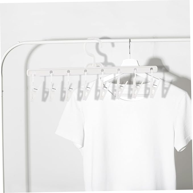 Foldable Windproof Clips Drying Rack for Socks and Underwear, Portable Plastic Hanger with 8 Clips for Laundry and Travel, White