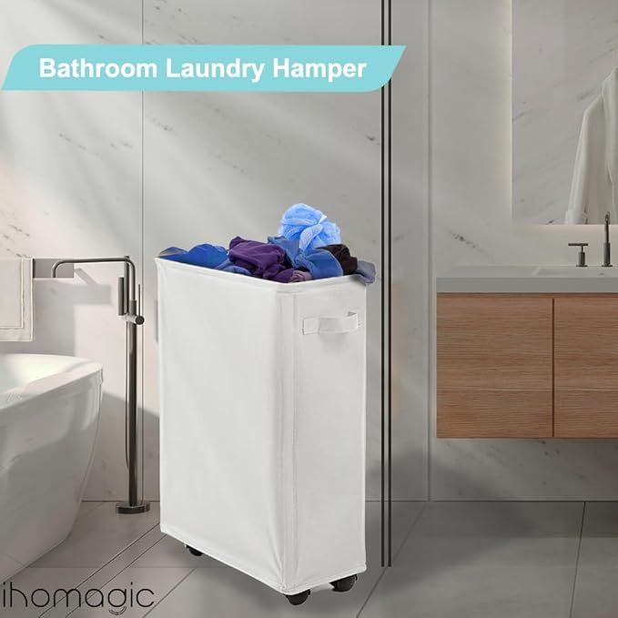 Laundry Basket, Slim Storage Basket with Wheels, Collapsible Rolling Laundry Basket for Clothes, Small Laundry Hamper for Dorm and Laundry Room,Yoga Fitness Storage Organiser, 40L, Beige