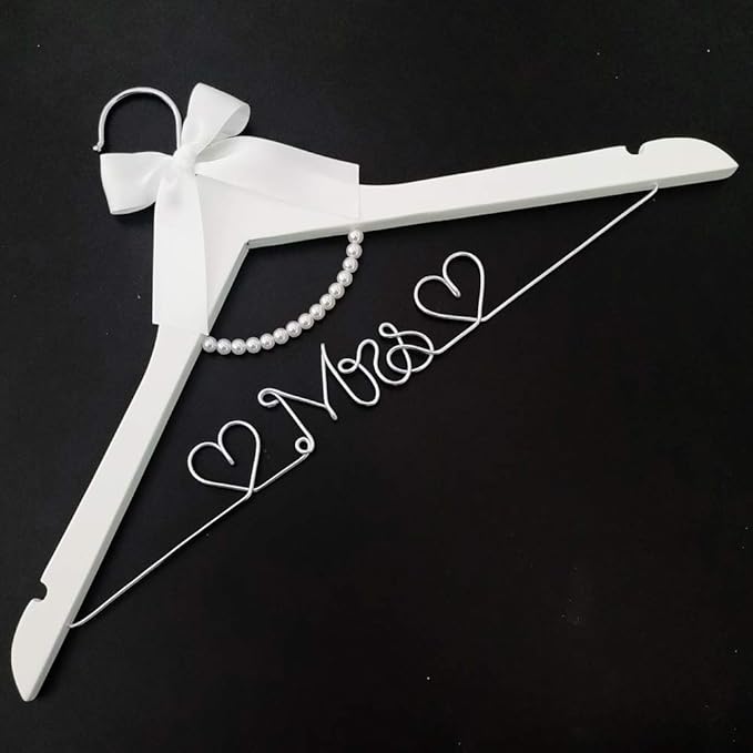 Bridal Dress Hanger Solid Wood Dress Hangers Mrs Letter Hanger Wedding Gift (Silver White Hangers and Pearls)