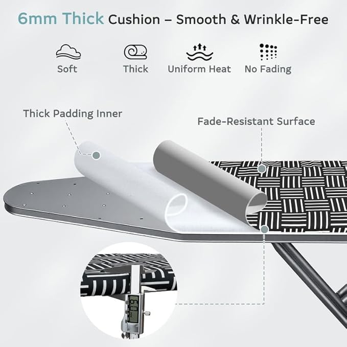 FIOBEE Ironing Board Cover and Pad Extra Thick Iron Board Pad with Heat-Resistant Mesh Padded Iron Board Covers Adjustable Buckle & Elastic Edges for 15x54 Standard Size Ironing Board, Black Stripe